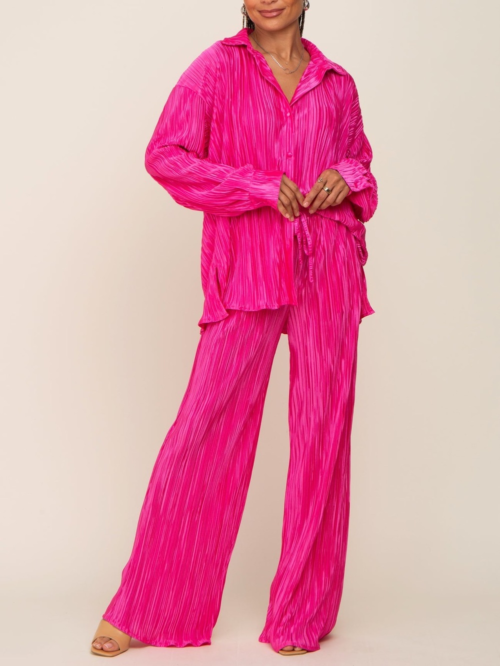 TALL Floor Length Wide Leg Plisse Trouser with matching Button Up Top || BOOHOO
